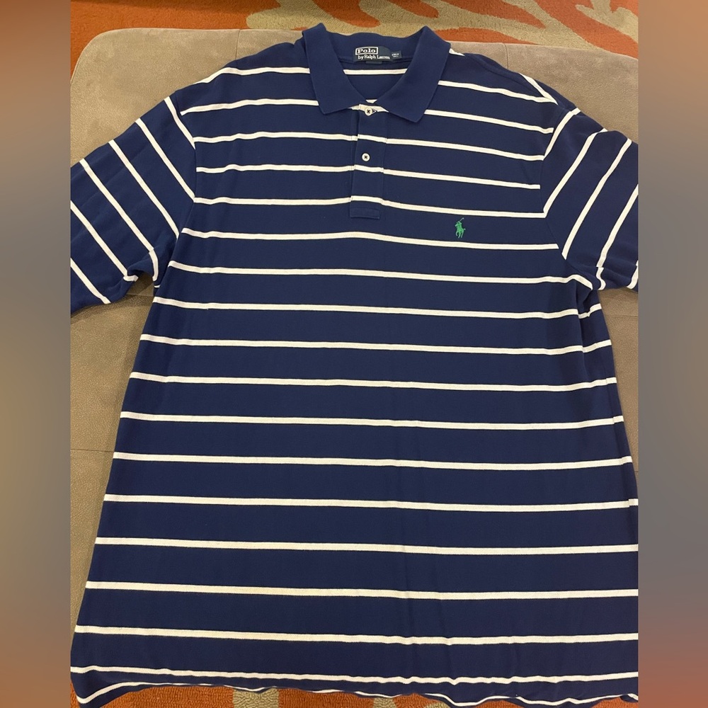 Polo Ralph Lauren Small Horse Polo Shirt Mens 2XLT Navy Blue White Stripe